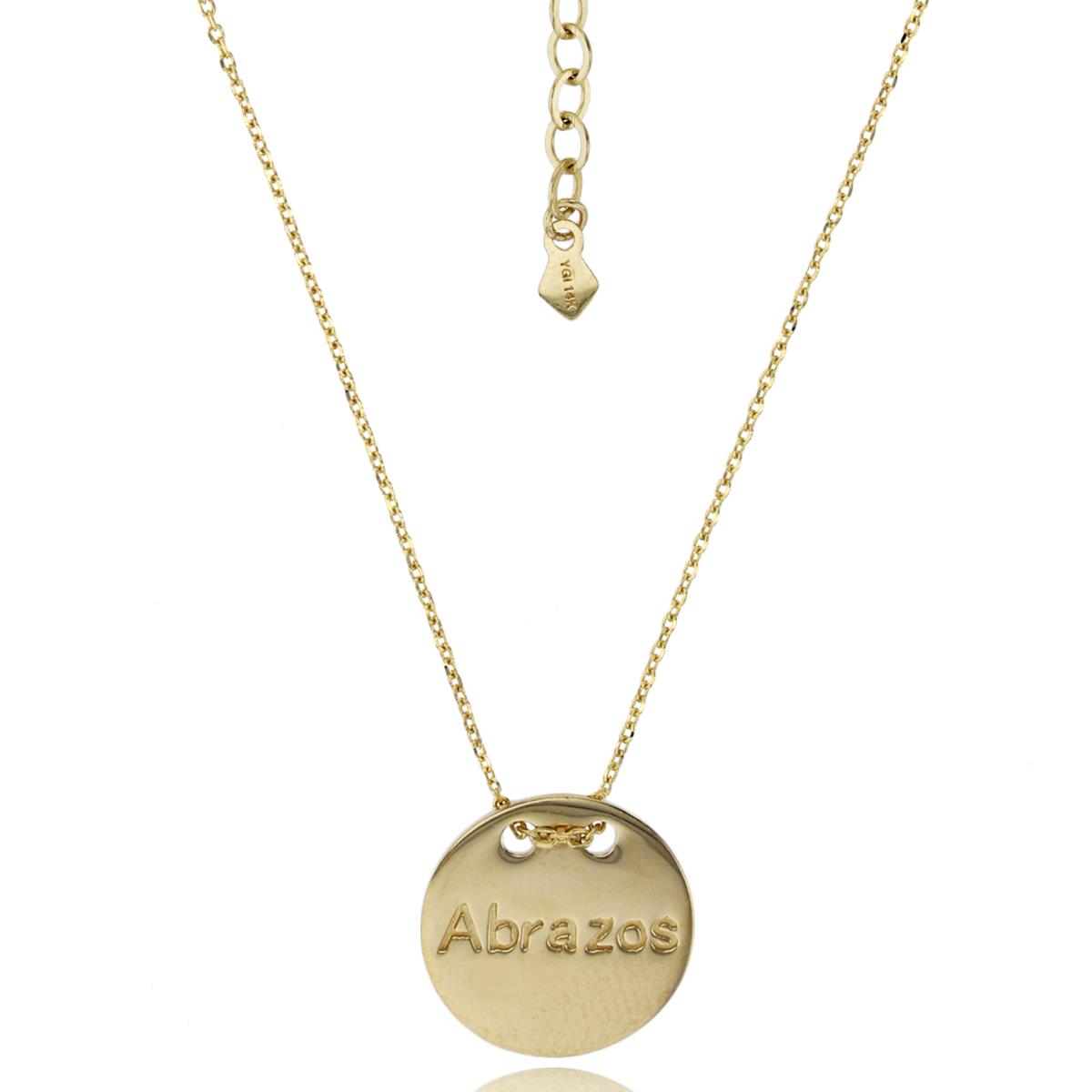 14K Yellow Gold Polished "Abrazos/Hugs" Engraved Circle Plate 16"+2" Necklace
