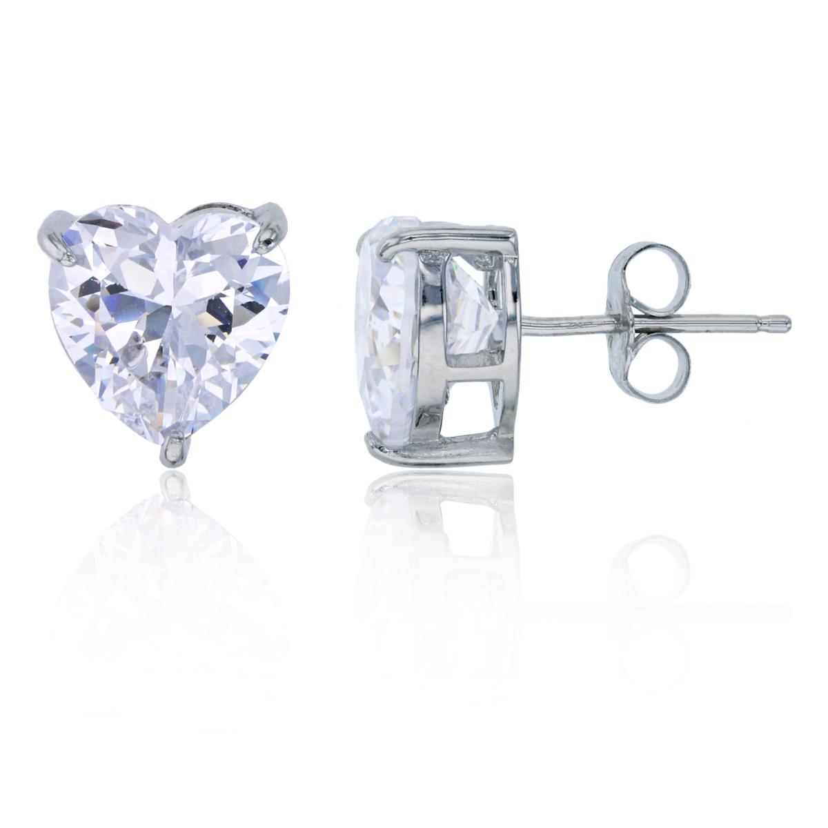 Sterling Silver Rhodium 10mm Heart Cut Solitaire Stud Earring