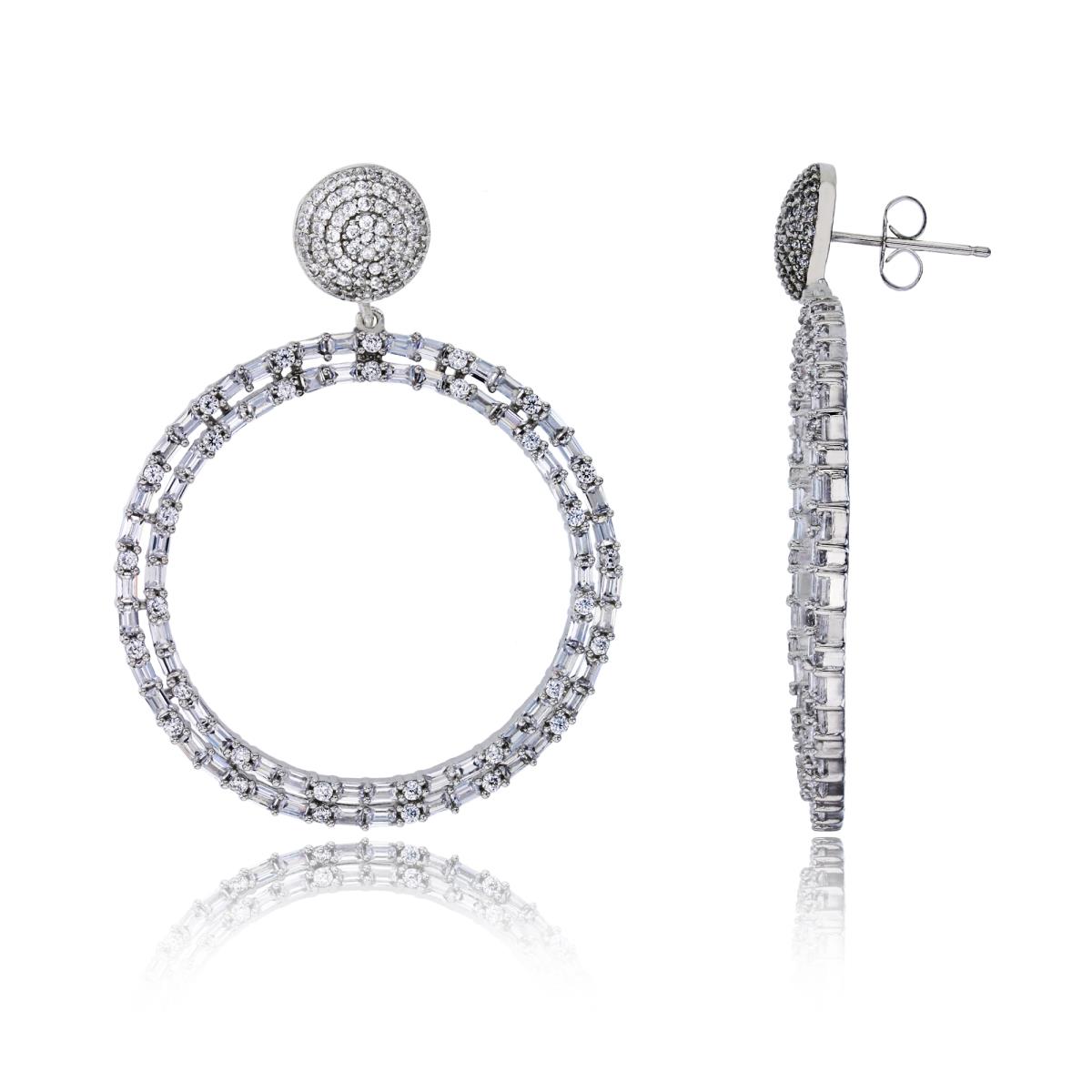 Sterling Silver Rhodium Round Micropave Stud with Dangling 2-Row Baguette CZ Open Circle Earring