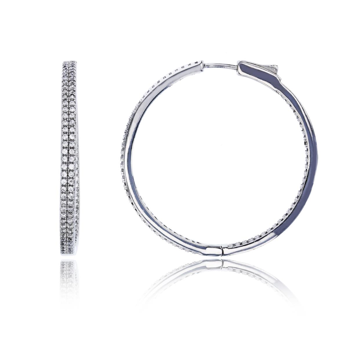 Sterling Silver Rhodium 40x3mm Micropave 2-Row Hoop Earring with Safety Lock