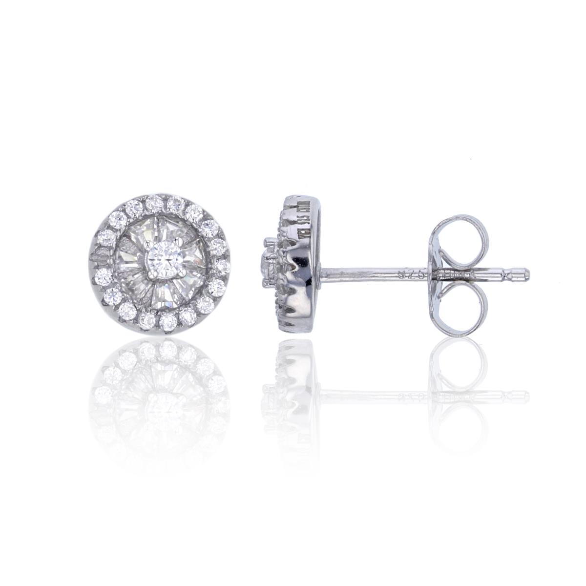 Sterling Silver Rhodium Micropave Round & Baguette Wheel Stud Earring