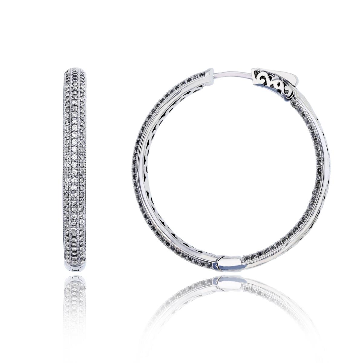 Sterling Silver Rhodium 35x4mm 3-Row Micropave Hoop Earring with Safety Lock
