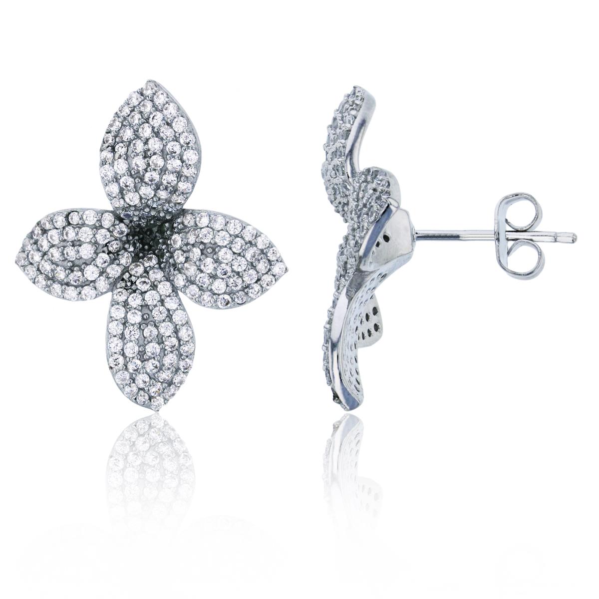Sterling Silver Rhodium Micropave Lily Flower Stud Earring