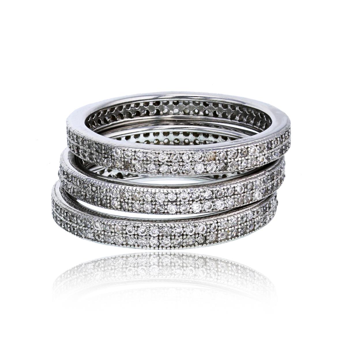 Sterling Silver Rhodium Micropave 2-Row CZ Trio Eternity Rings