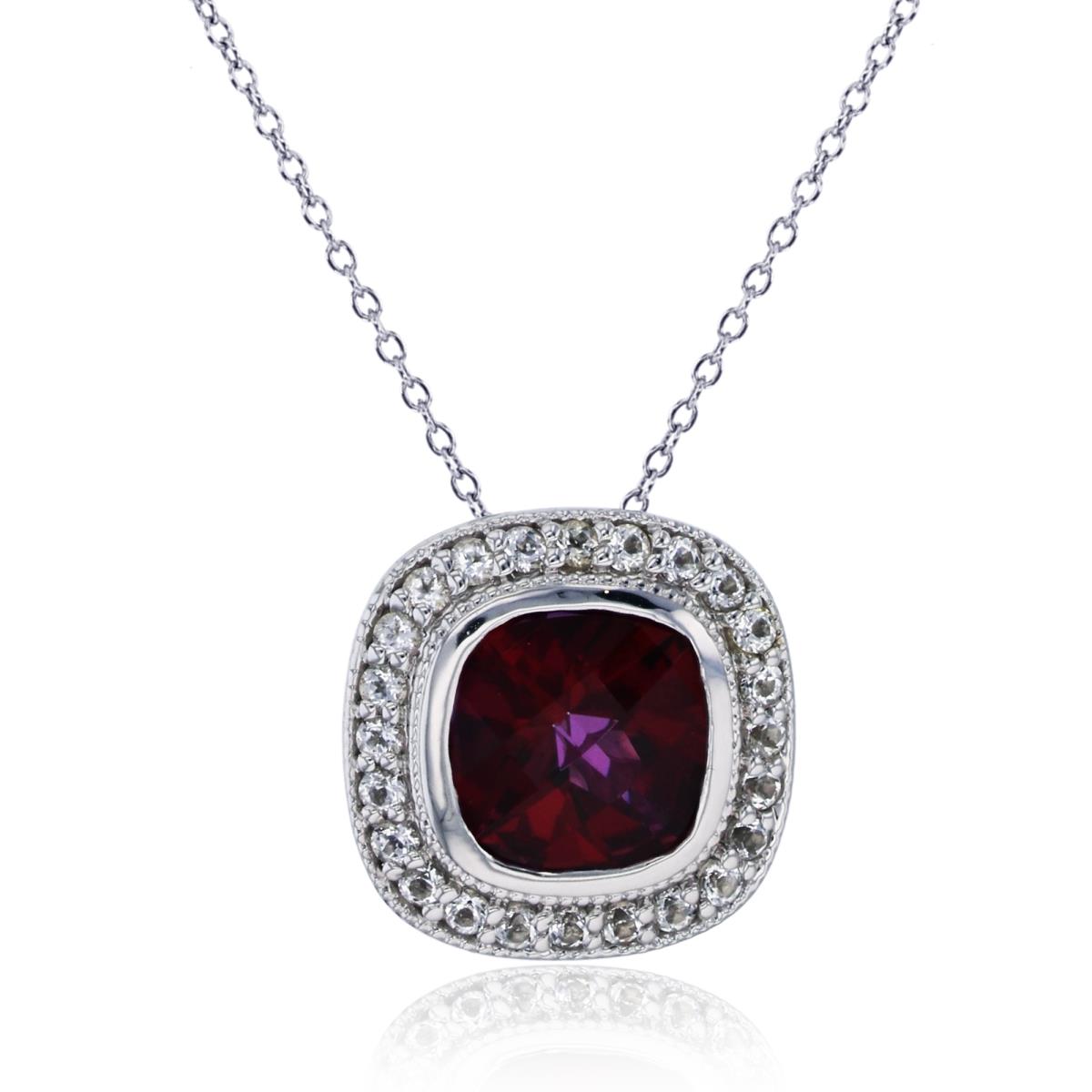 14K White Gold Swarovski Gem 8mm Cushion Blazing Red and Rd White Topaz Halo Slide 18" Necklace