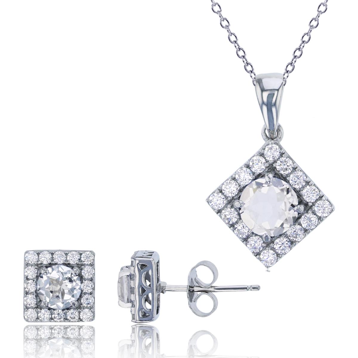 Sterling Silver Rhodium Pave Rd Square 18" Necklace & Earring Set