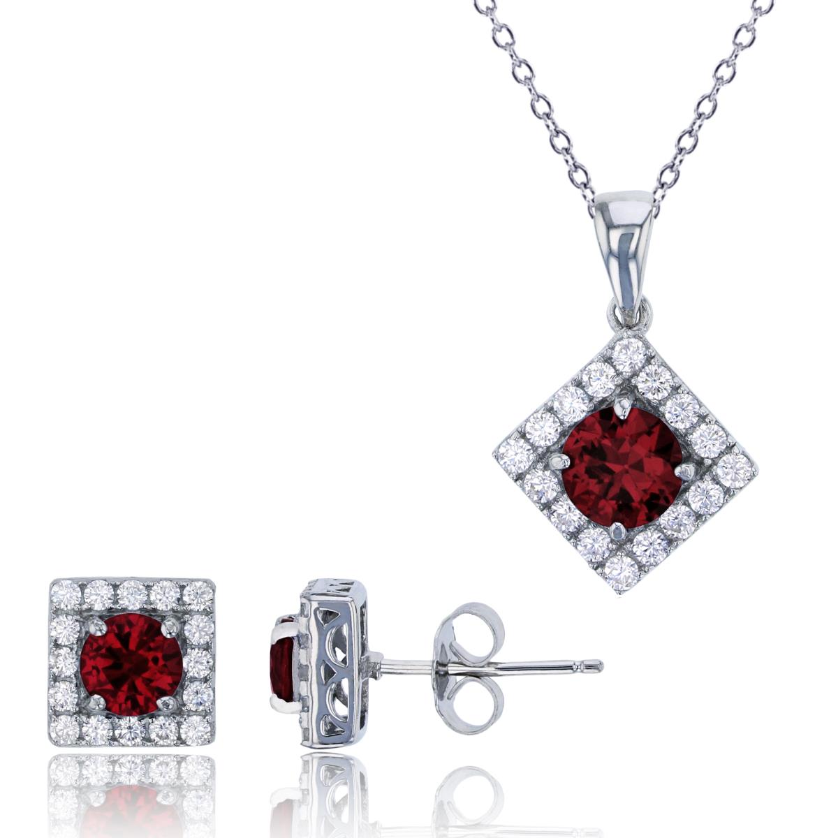 Sterling Silver Rhodium Pave Rd Garnet Square 18" Necklace & Earring Set