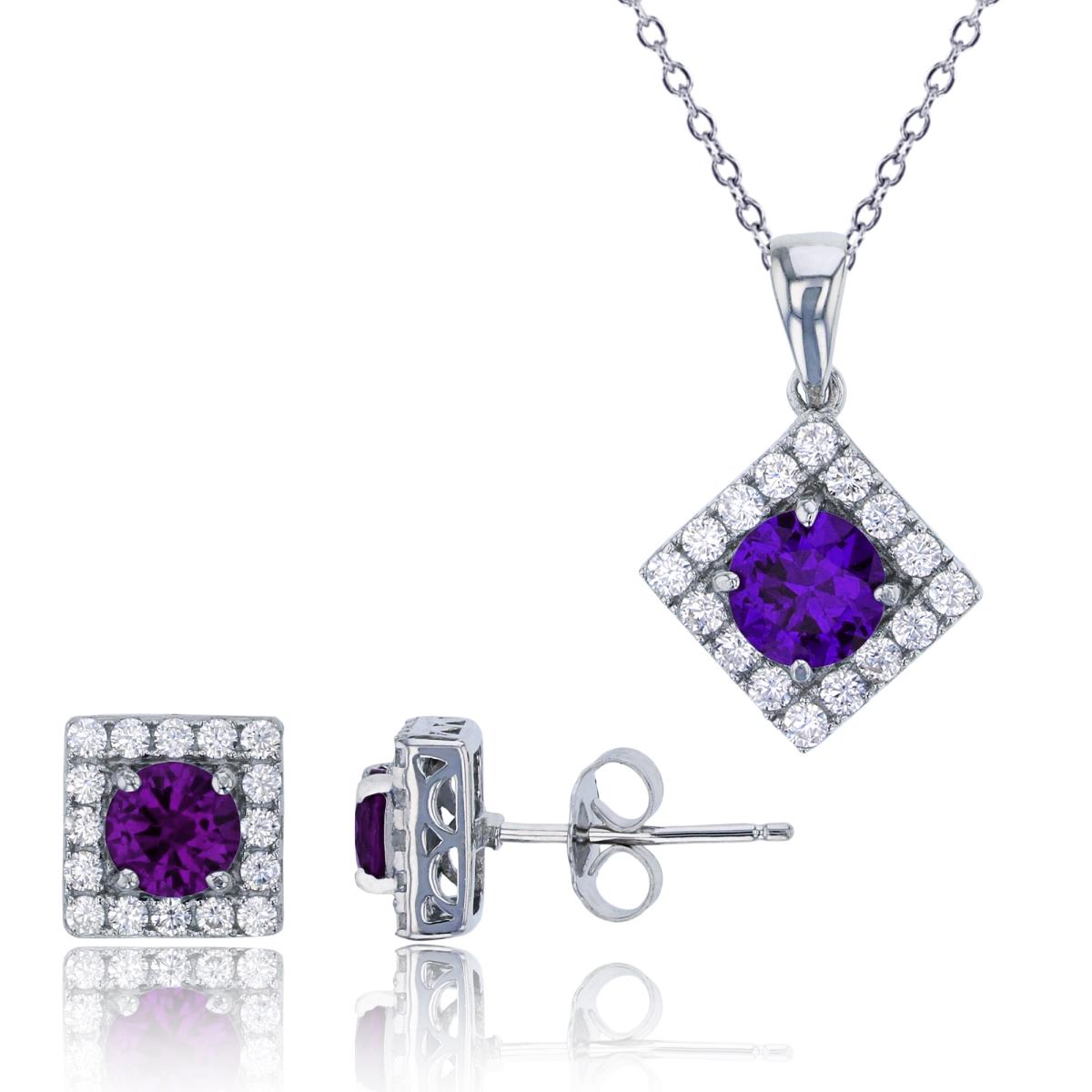 Sterling Silver Rhodium Pave Rd Amethyst Square 18" Necklace & Earring Set
