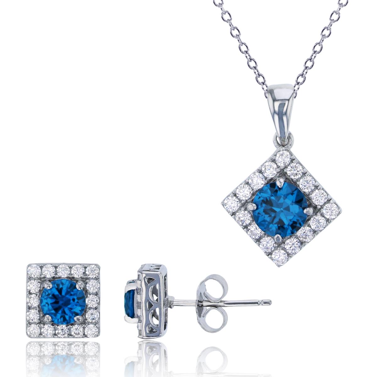 Sterling Silver Rhodium Pave Rd Swiss Blue CZ Square 18" Necklace & Earring Set