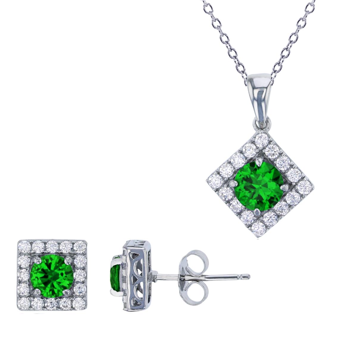 Sterling Silver Rhodium Pave Rd Green CZ Square 18" Necklace & Earring Set