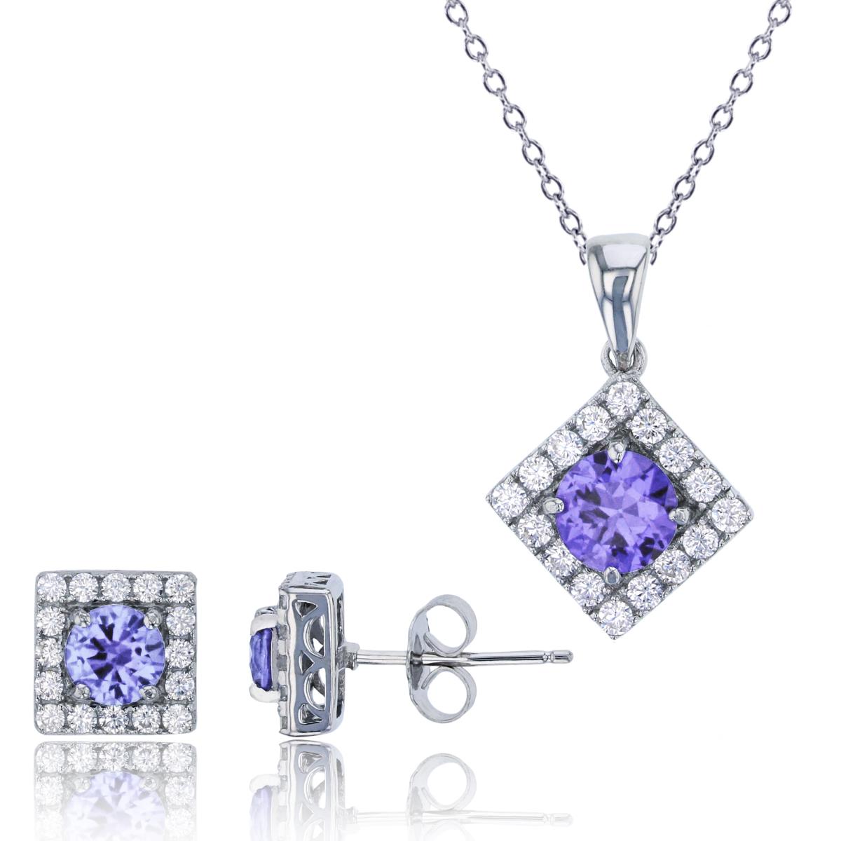 Sterling Silver Rhodium Pave Rd Lavender CZ Square 18" Necklace & Earring Set