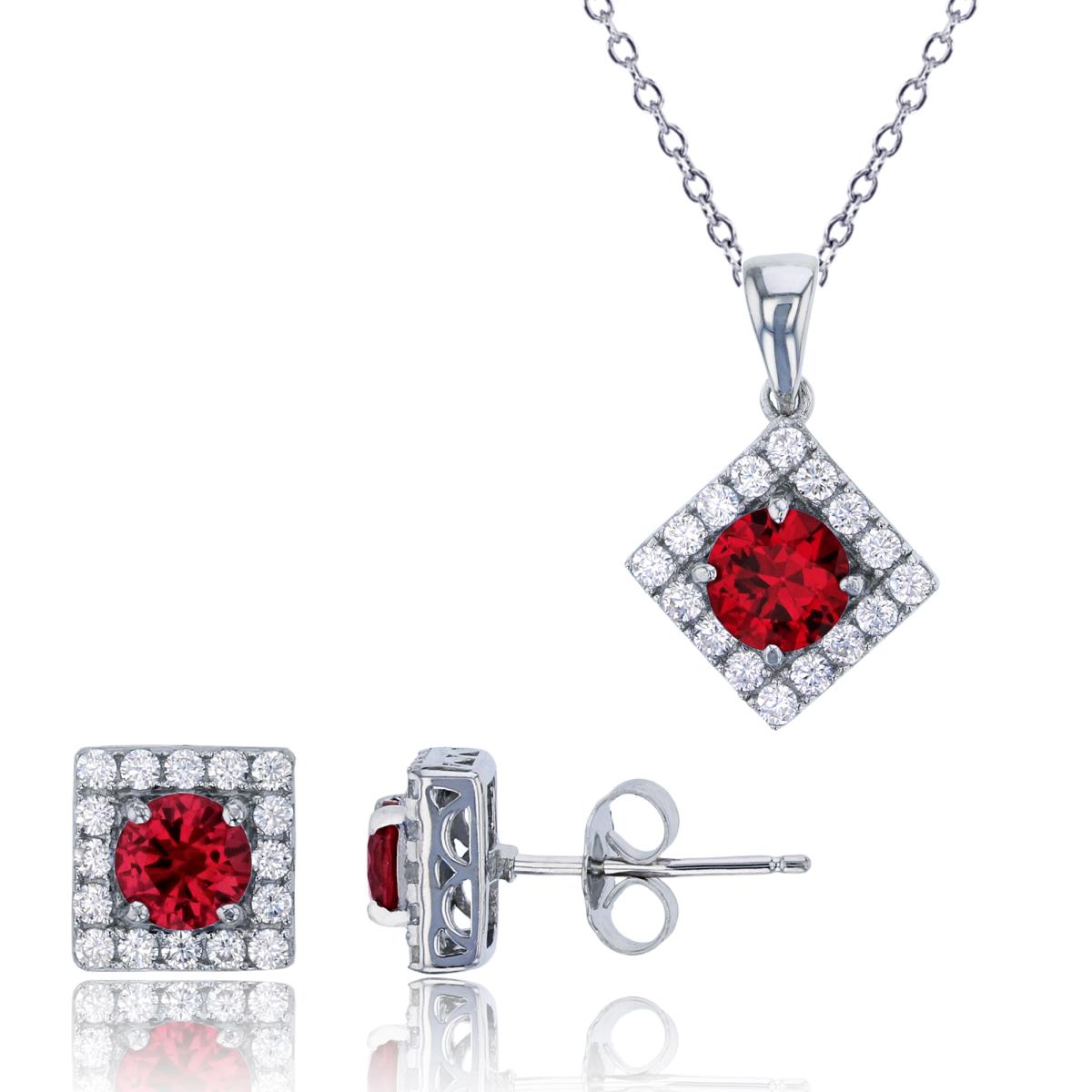 Sterling Silver Rhodium Pave Rd Red Ruby CZ Square 18" Necklace & Earring Set