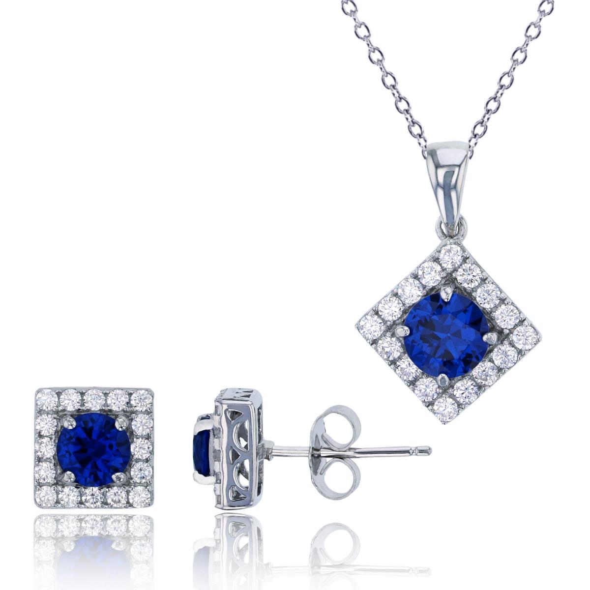 Sterling Silver Rhodium Pave Rd Blue Sapphire CZ Square 18" Necklace & Earring Set