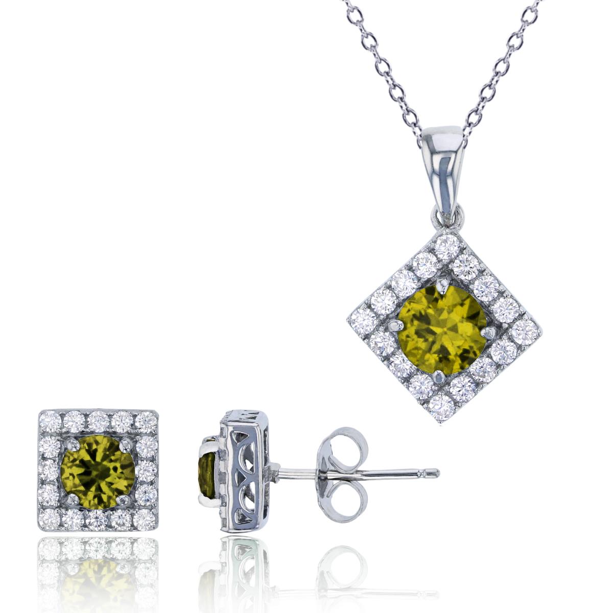 Sterling Silver Rhodium Pave Rd Peridot CZ Square 18" Necklace & Earring Set