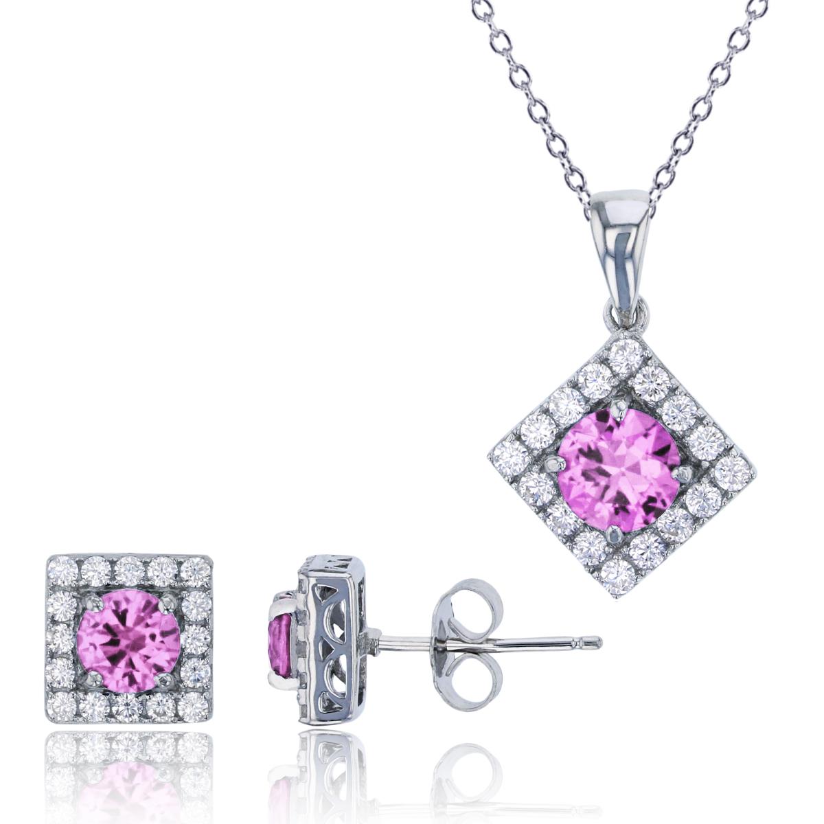 Sterling Silver Rhodium Pave Rd Pink CZ Square 18" Necklace & Earring Set