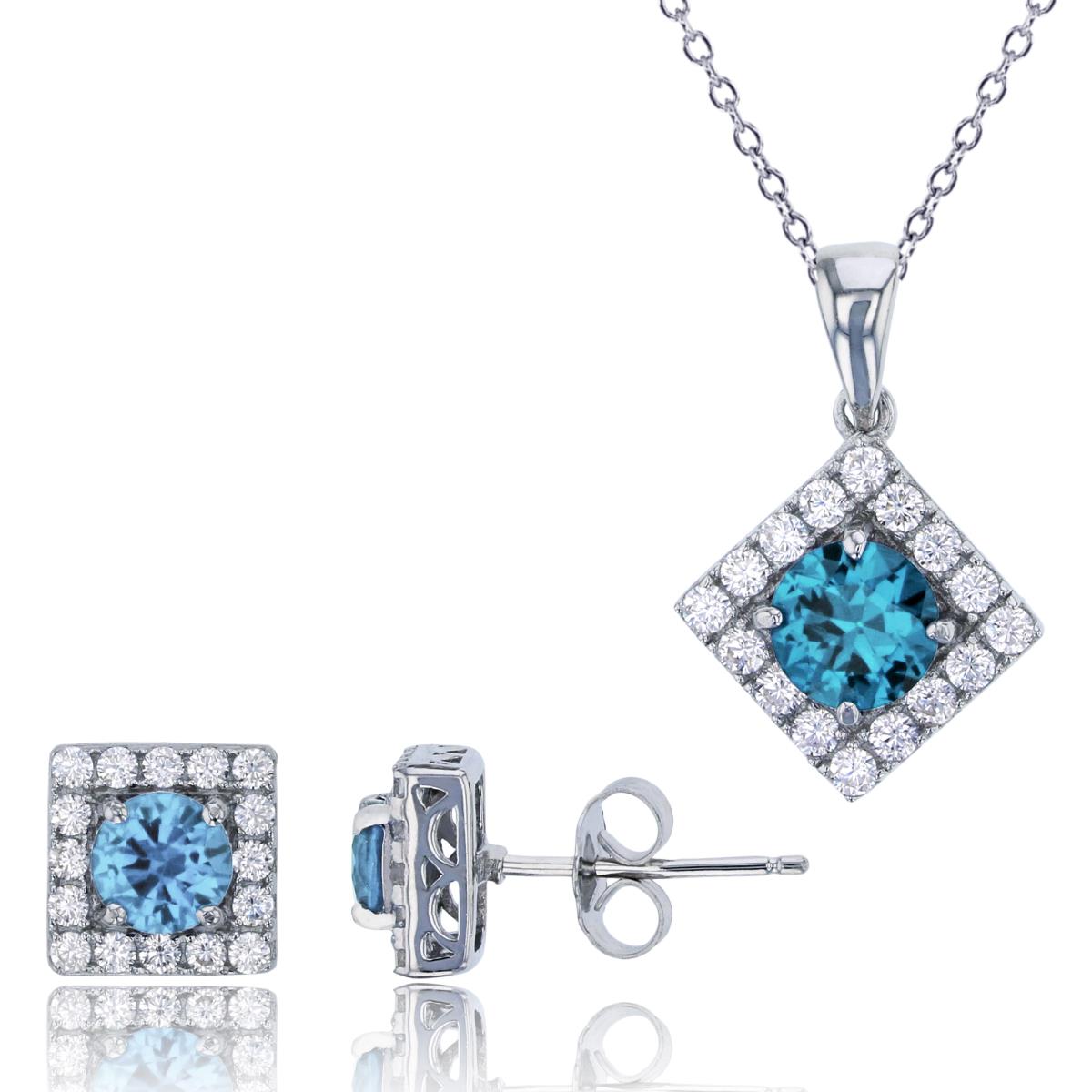 Sterling Silver Rhodium Pave Rd Sky Blue CZ Square 18" Necklace & Earring Set