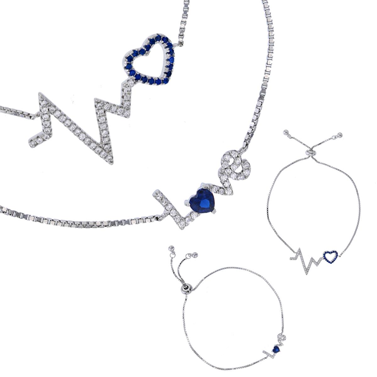 Sterling Silver Rhodium Micropave Blue & White CZ Heart Cut "Love" & Heartbeat Adjustable Bracelet Set