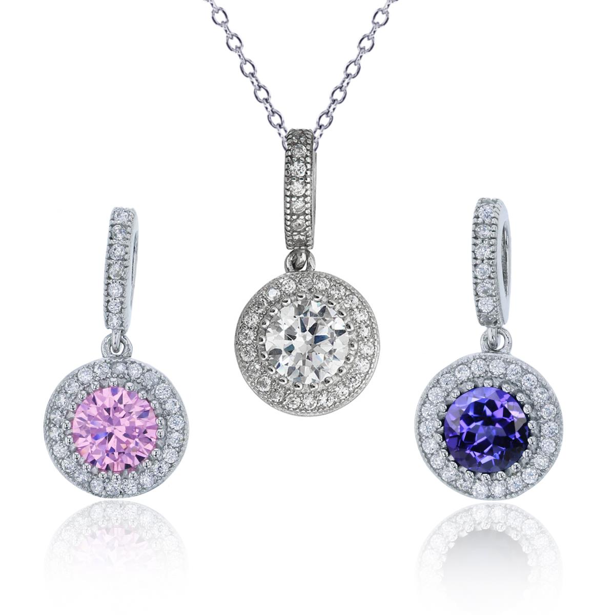 Sterling Silver Rhodium 5.50mm Clear, Tanzanite & Pink Round Bezel Halo Pendants with 18" Rollo Chain Set