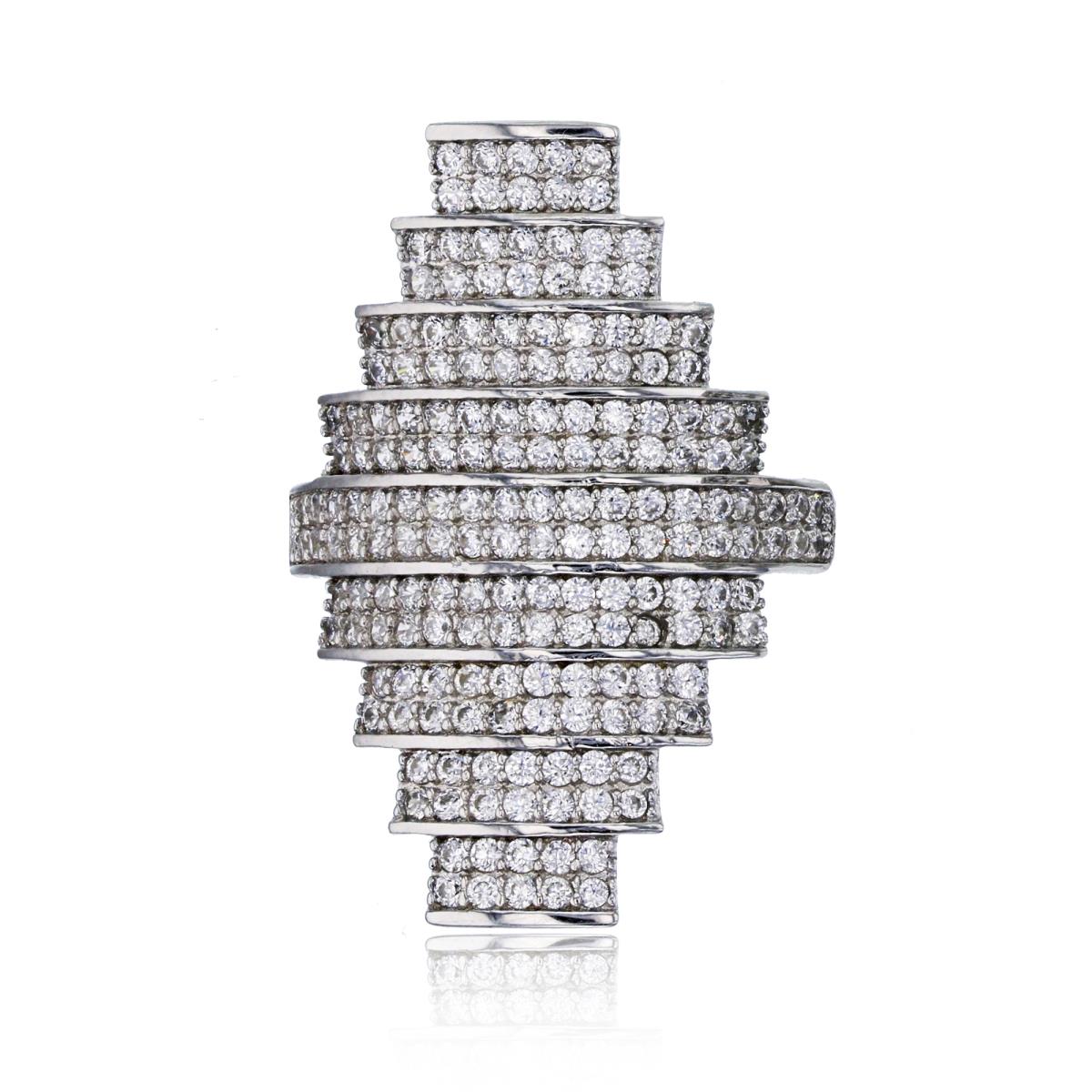 Sterling Silver Rhodium Micropave Graduated 9-Row Cocktail Fashion Ring