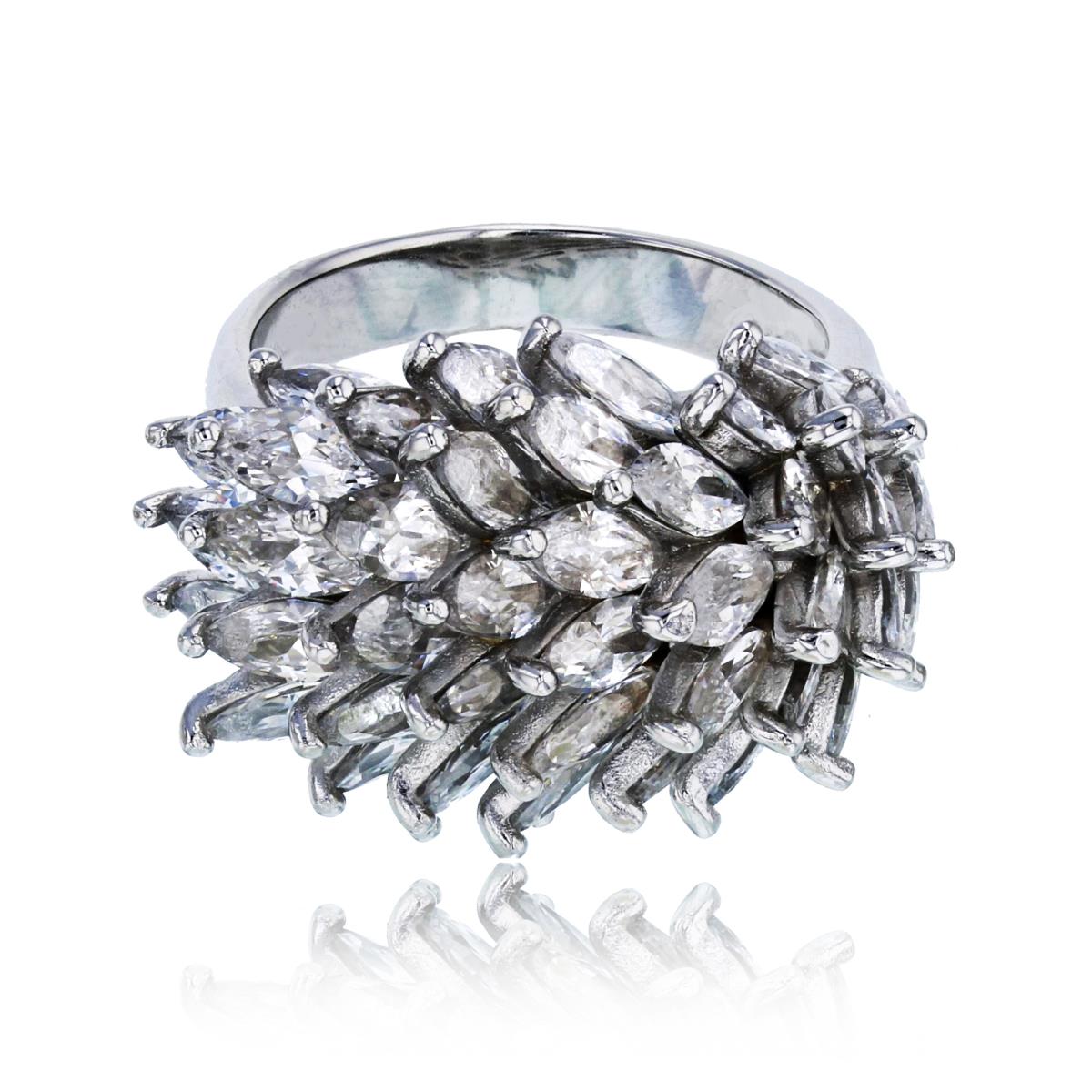 Sterling Silver Rhodium Pave Marquise Cut CZ Hedgehog Back Fashion Ring