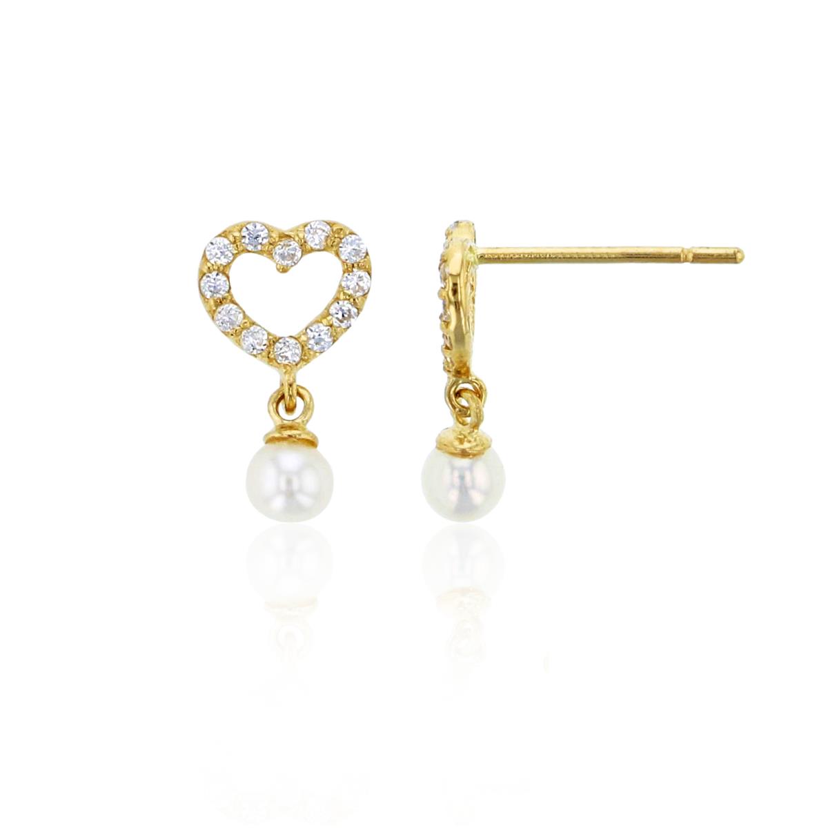 14K Yellow Gold Pave White Swarovski Zirconia Open Heart with 3mm Fresh Water Pearl Drop Earring