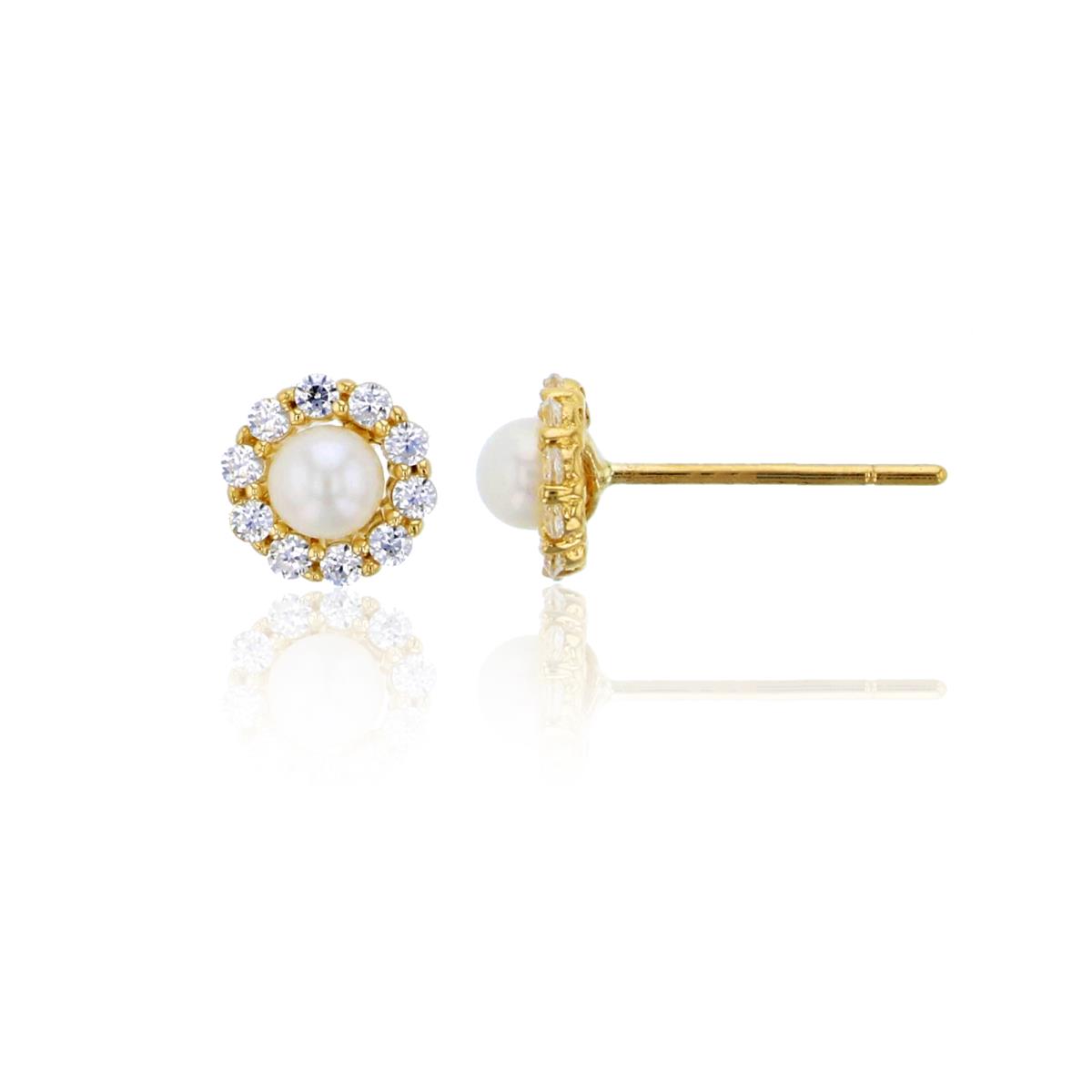 14K Yellow Gold 3mm Freshwater Pearl White Swarovski Zirconia Flower Stud Earring