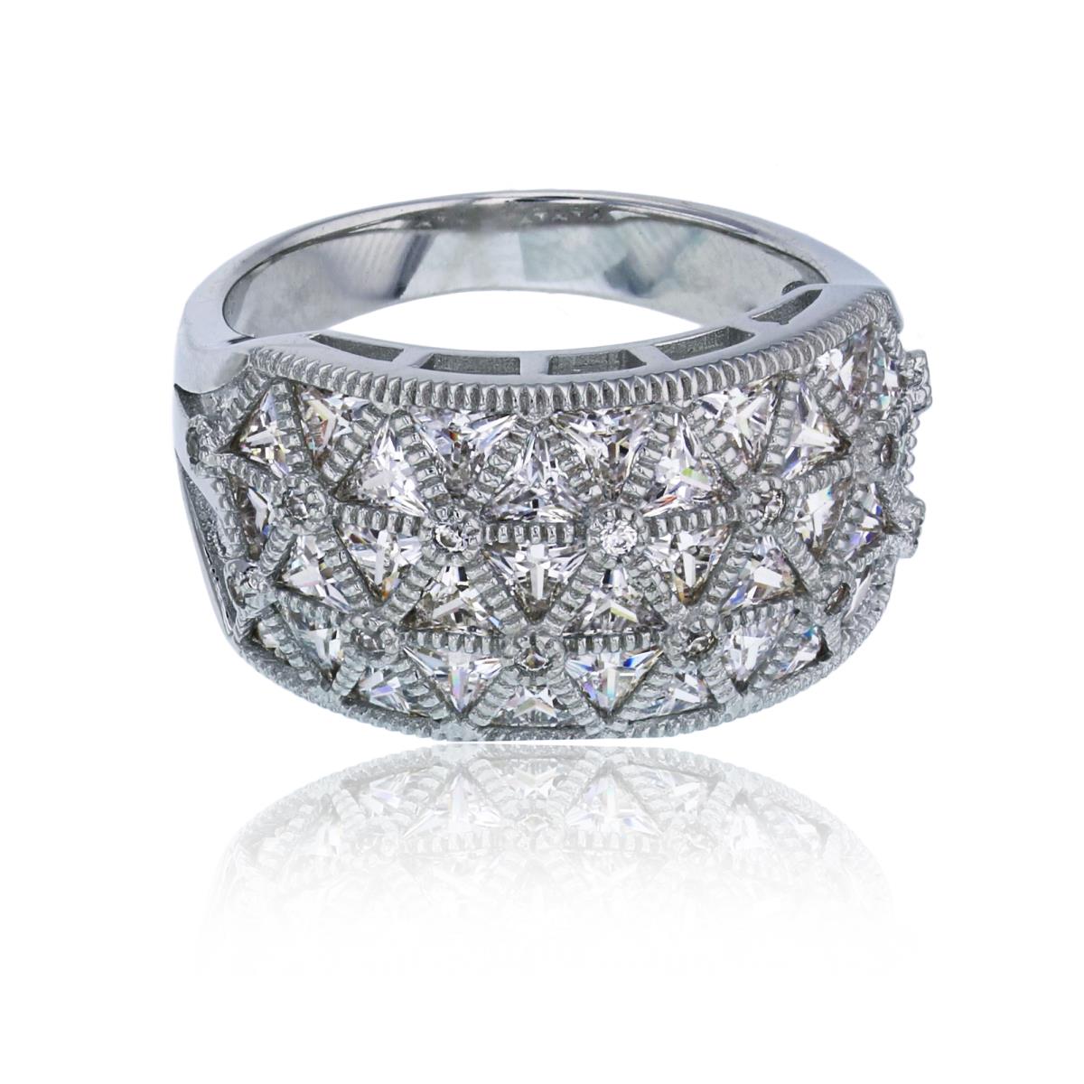 Sterling Silver Rhodium Pave Triangle CZ Milgrain Fashion Ring