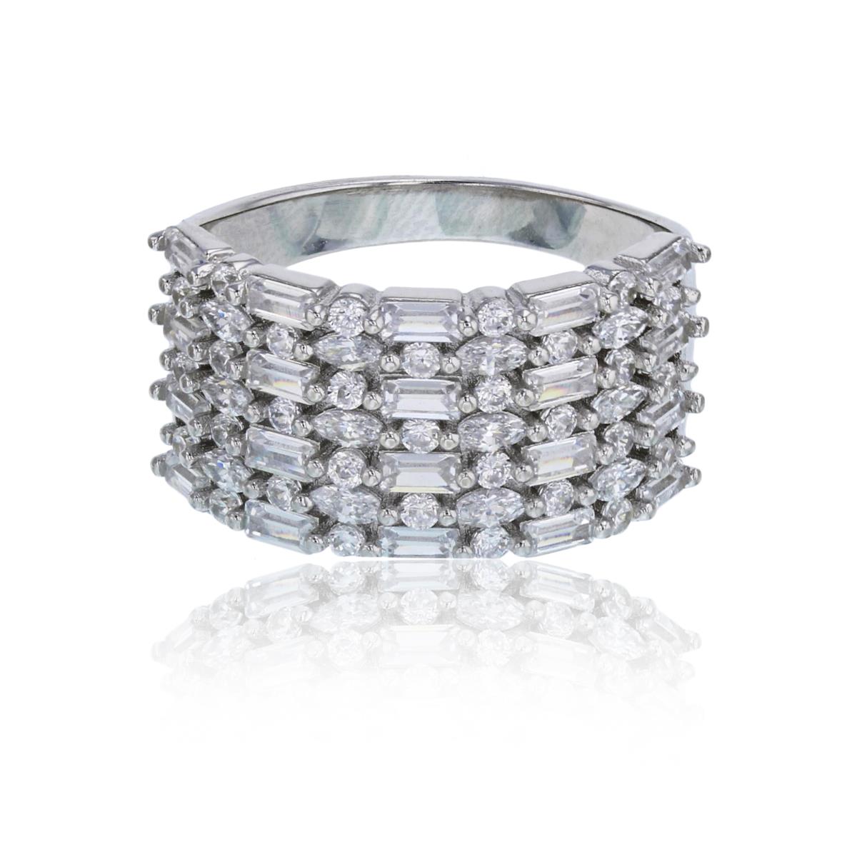 Sterling Silver Rhodium Pave 7-Row Alternating Multi Cut CZ Fashion Ring