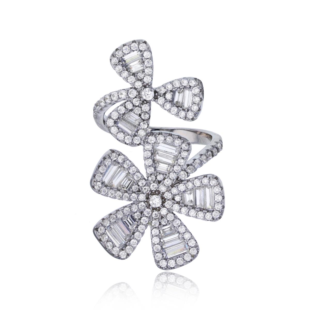 Sterling Silver Rhodium Pave Rd & Baguette CZ Flowers Fashion Ring