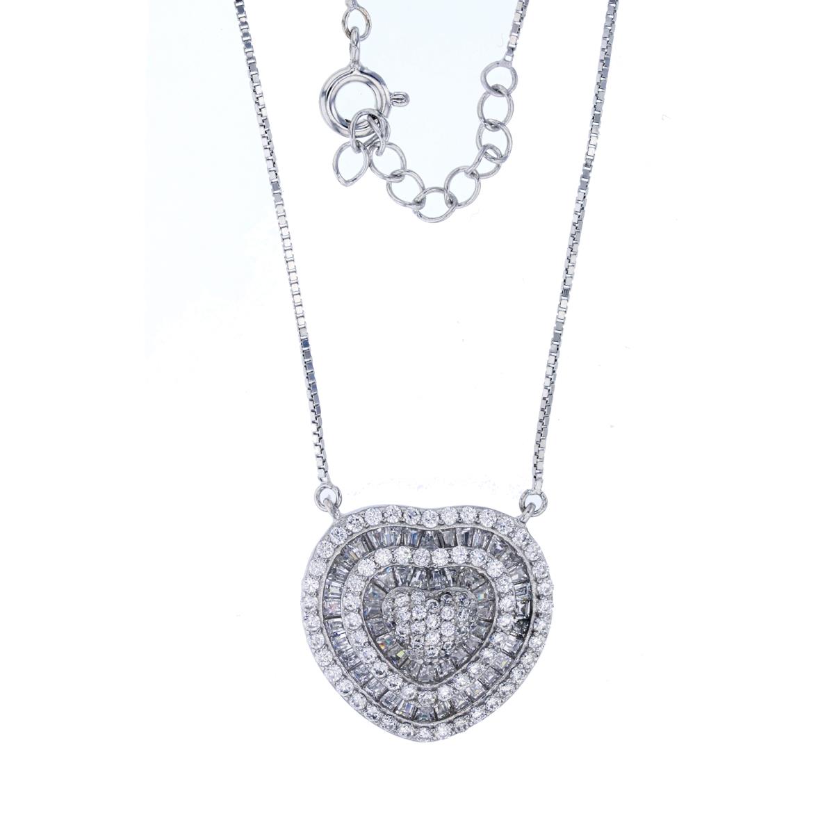 Sterling Silver Rhodium Pave Rd & Baguette CZ Heart 16"+2" Necklace