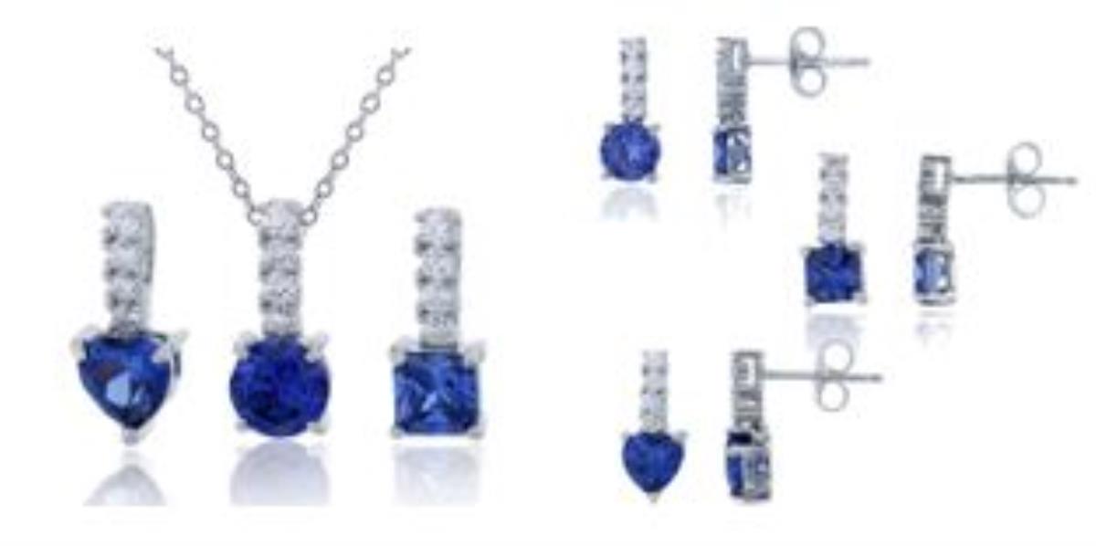 Sterling Silver Rhodium Tanzanite Rd, Heart & Princess Jewelry Set (3 Earring, 3 Pendant & 1 Chain)