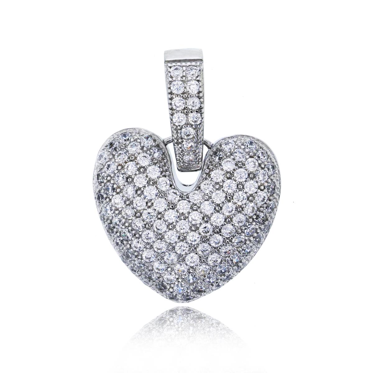 Sterling Silver Rhodium 27x18mm Micropave Puff Heart Pendant