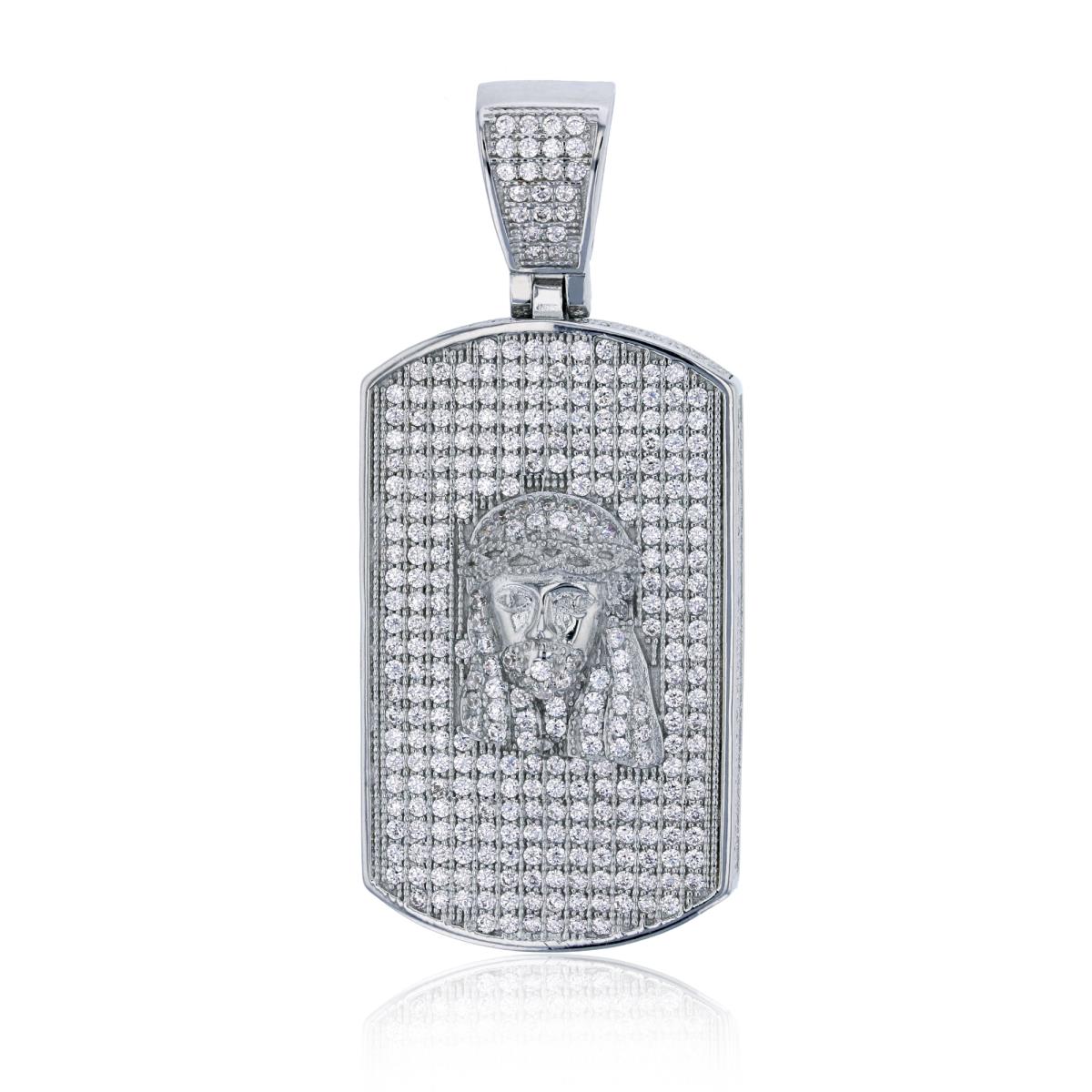 Sterling Silver Rhodium 52x22mm Micropave Jesus Head Dog Tag Pendant