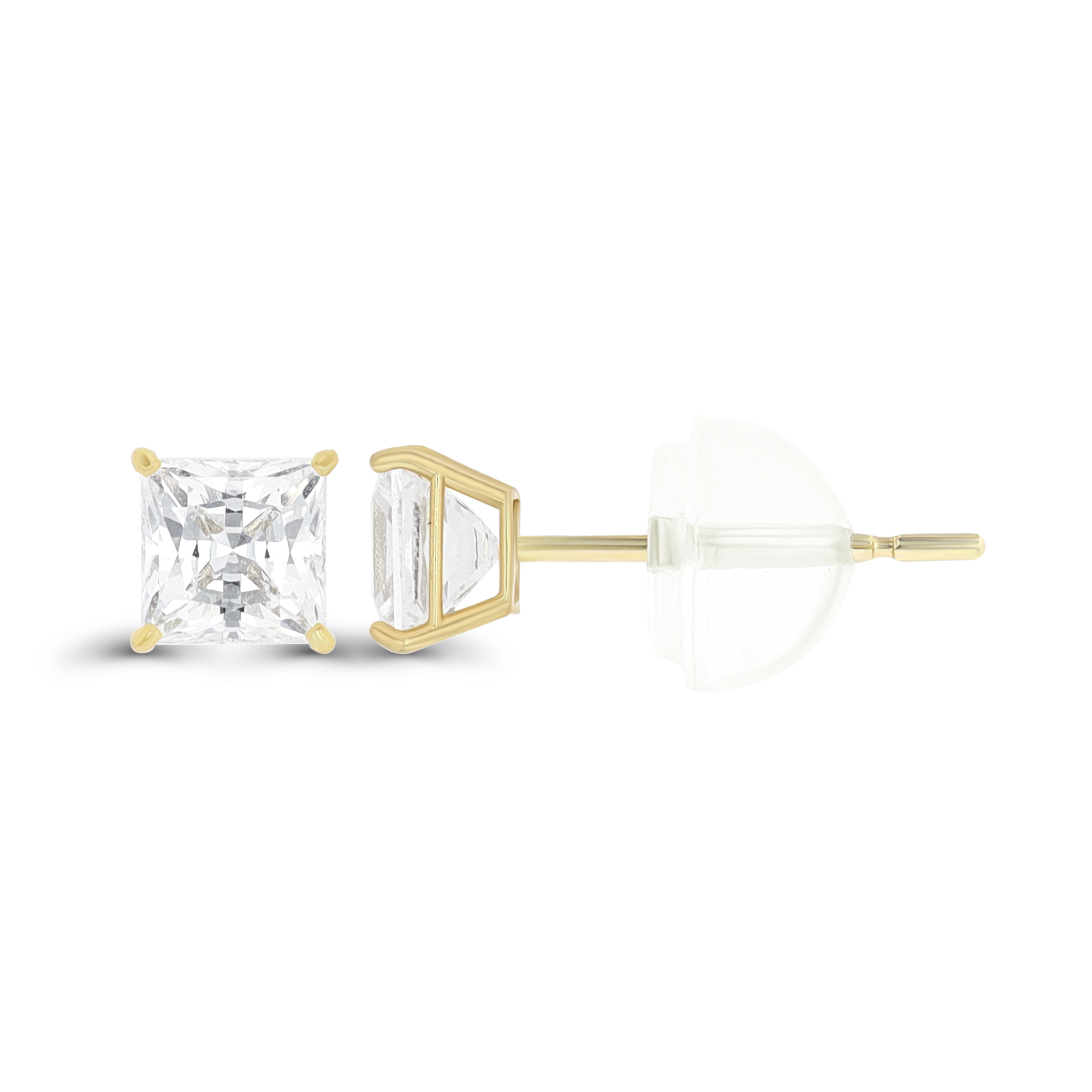 14K Yellow Gold 4mm Sq White Swarovski Zirconia 4-Prong Cast Basket Solitaire Earring & Silicone Bubble Back