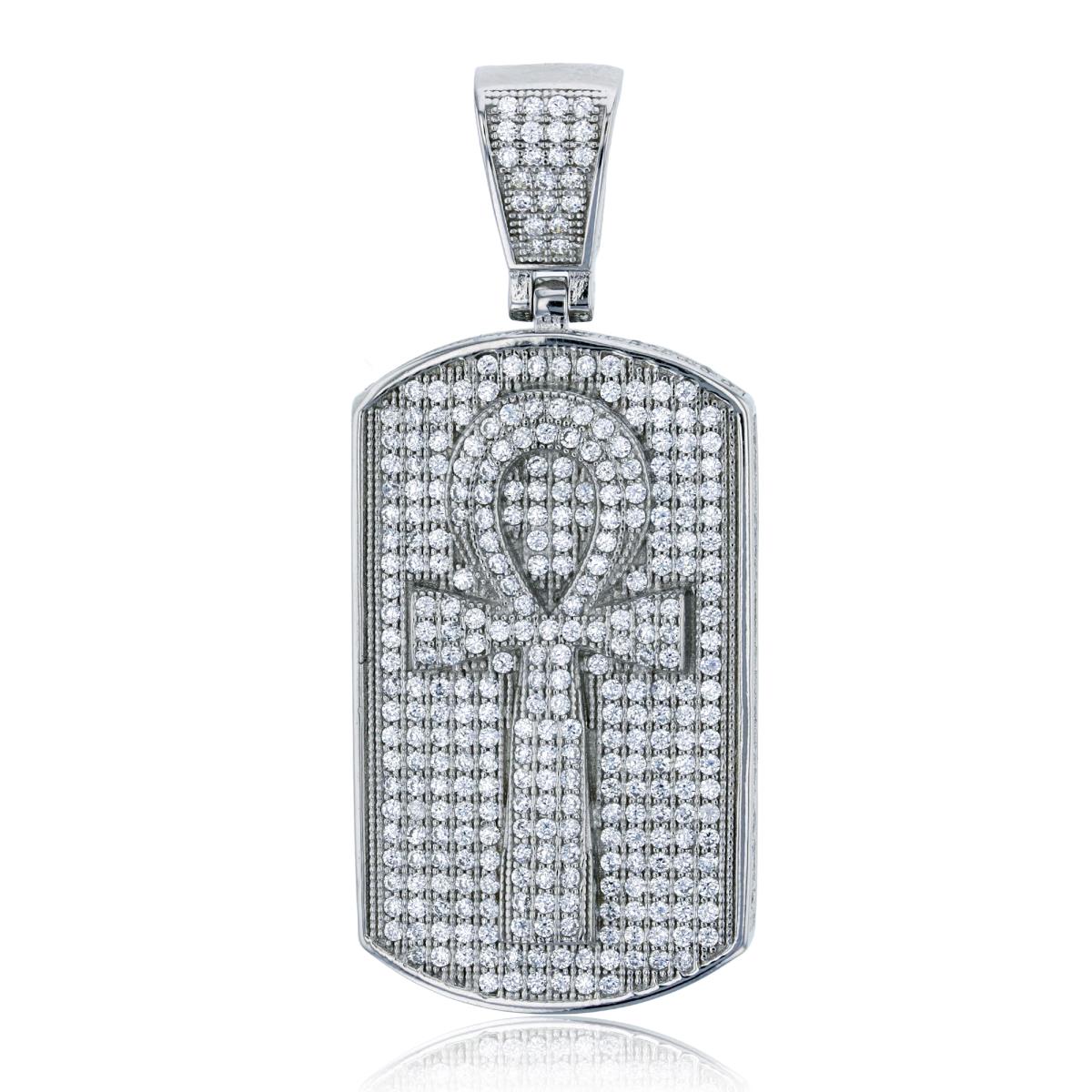 Sterling Silver Rhodium 53x22mm Micropave 3D Ankh Dog Tag Pendant