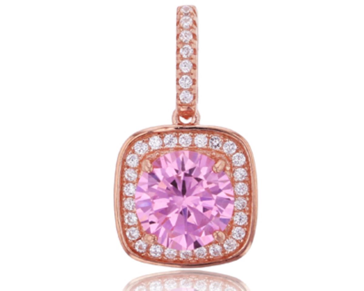 Sterling Silver Rose 1 Micron 8mm Round Cut Pink & Clear CZ Halo Square Dangling Pendant