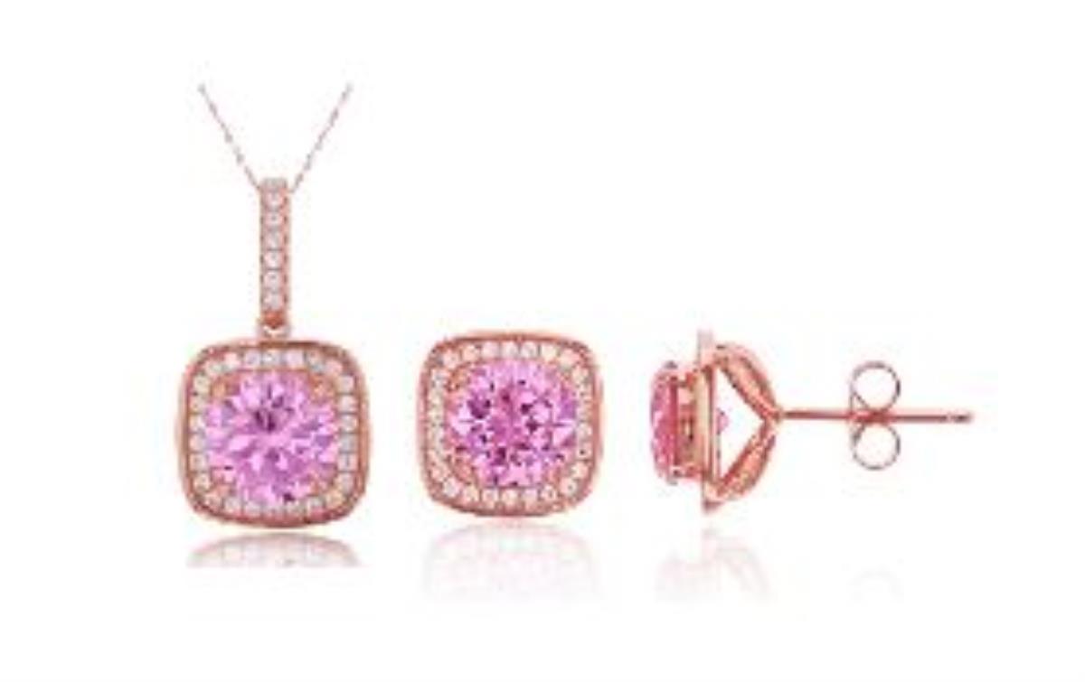 Sterling Silver Rose 1 Micron 8mm Round Cut Pink & Clear CZ Halo Square 18"+2" Necklace and Earring