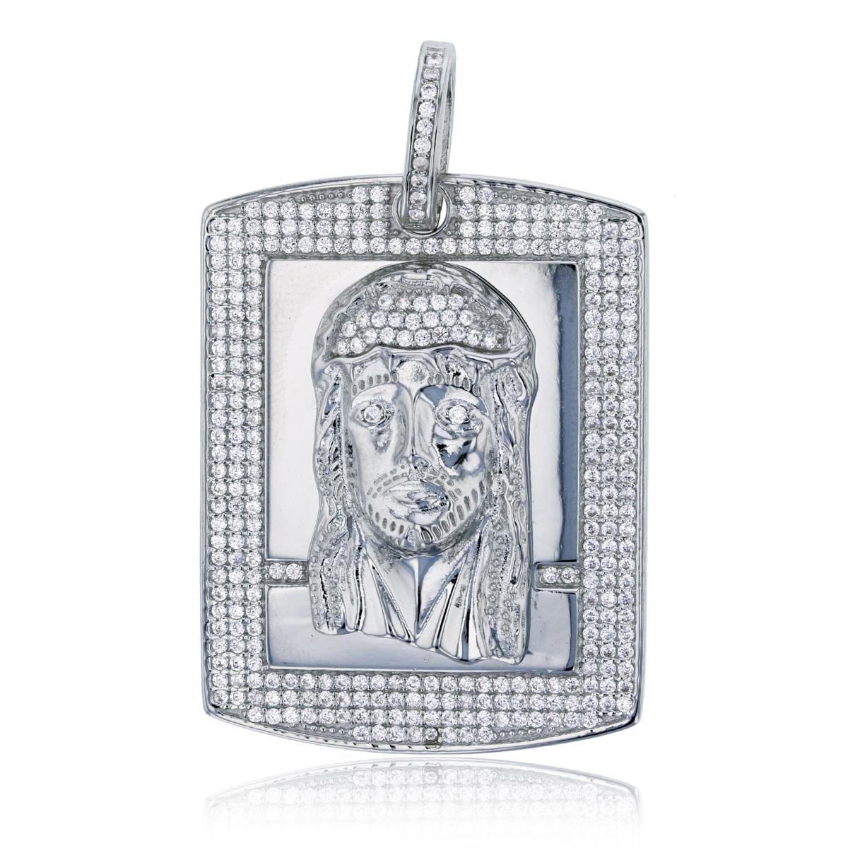 Sterling Silver Rhodium 50x30mm Micropave & Polished 3D Jesus Head Dog Tag Pendant