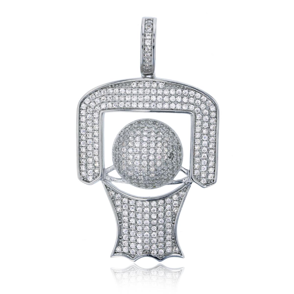 Sterling Silver Rhodium 45x26mm Micropave Basketball Pendant
