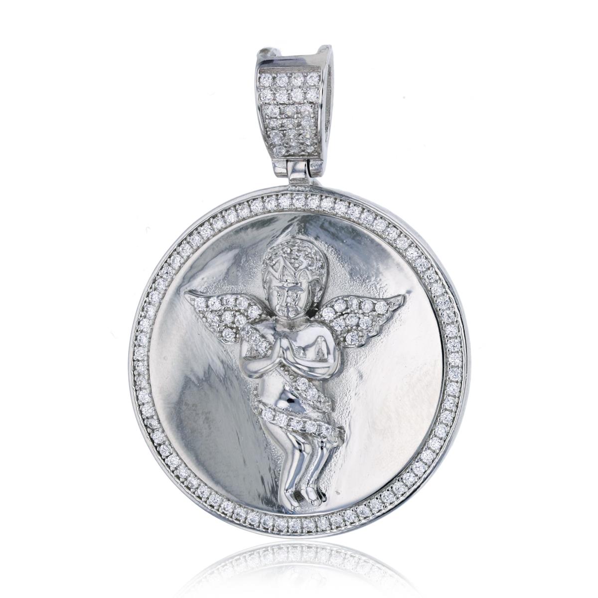 Sterling Silver Rhodium Polished Round Plate Micropave 3D Angel Pendant