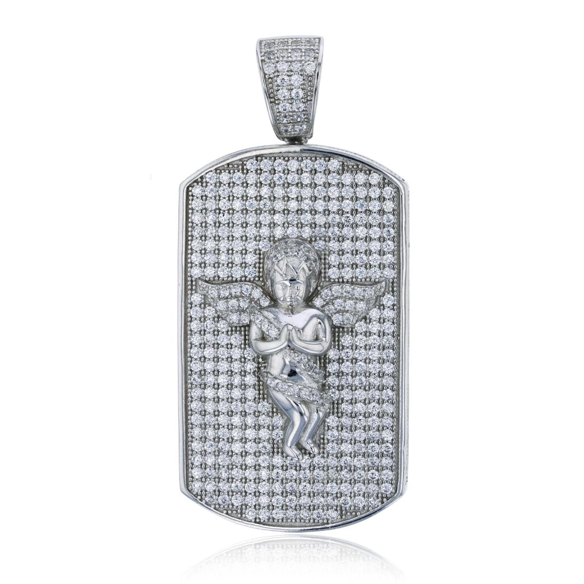 Sterling Silver Rhodium 51x24mm Micropave 3D Angel Dog Tag Pendant