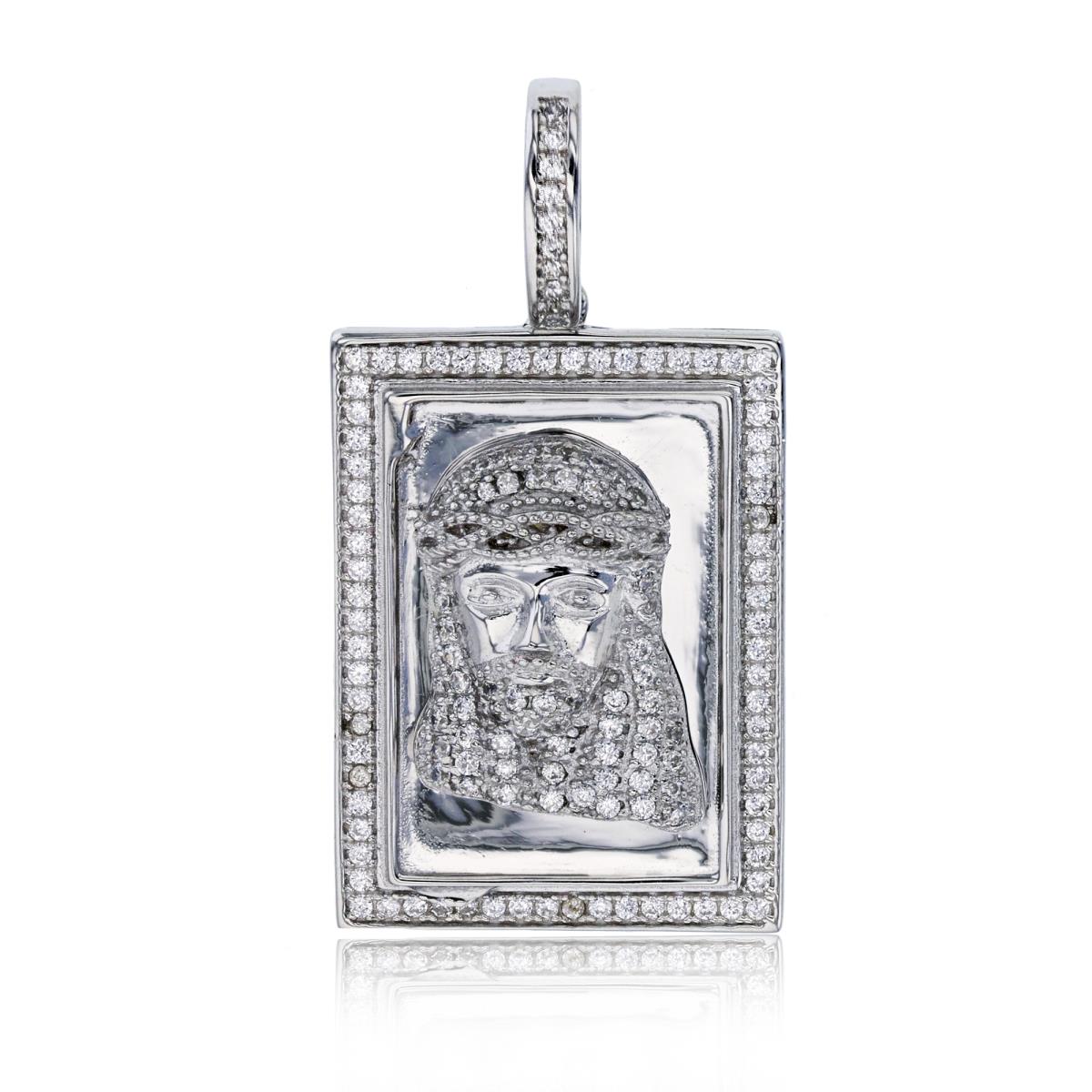 Sterling Silver Rhodium 41x21mm Polished & Micropave Jesus Head Rectangular Pendant