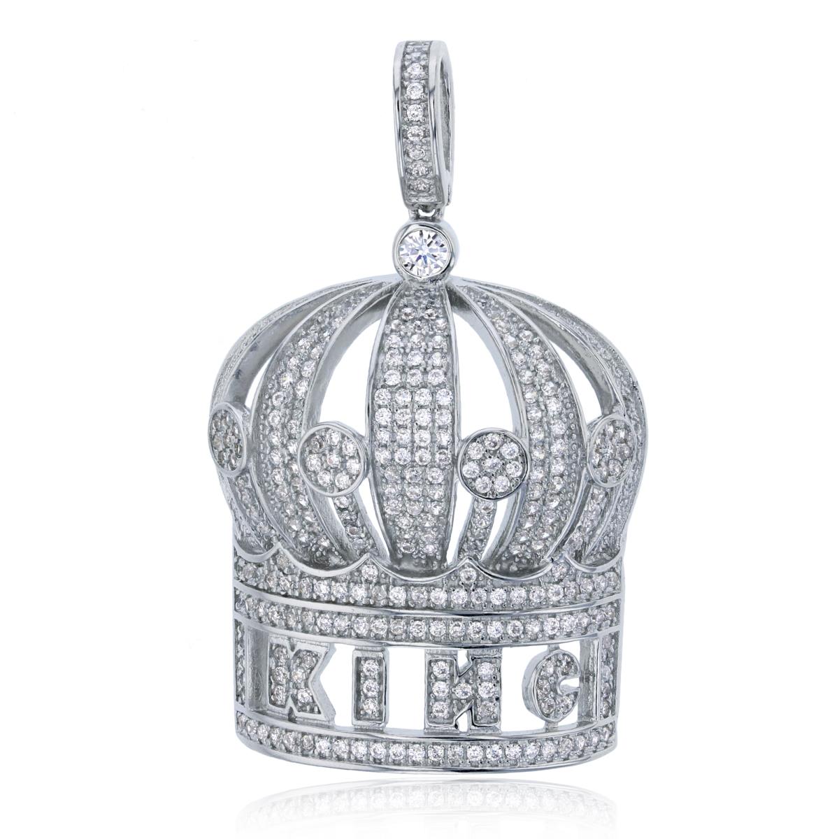 Sterling Silver Rhodium 44x27mm Micropave King's Crown Pendant