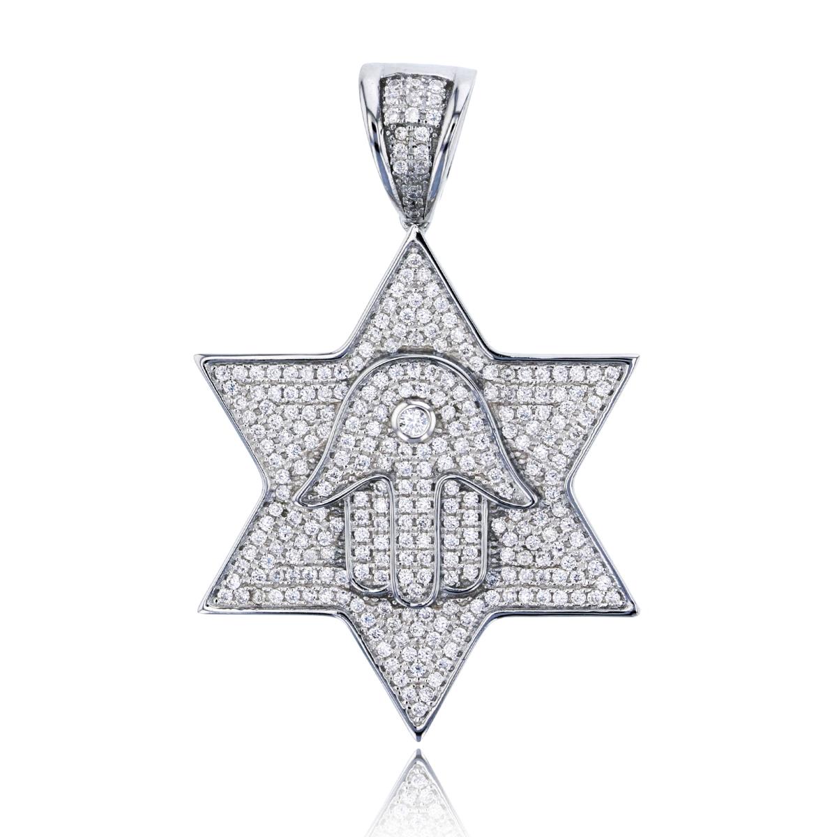 Sterling Silver Rhodium 45x30mm Micropave Star Of David with Hamsa Pendant