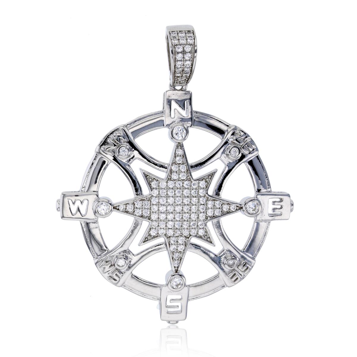Sterling Silver Rhodium 49x39mm Micropave Compass Pendant