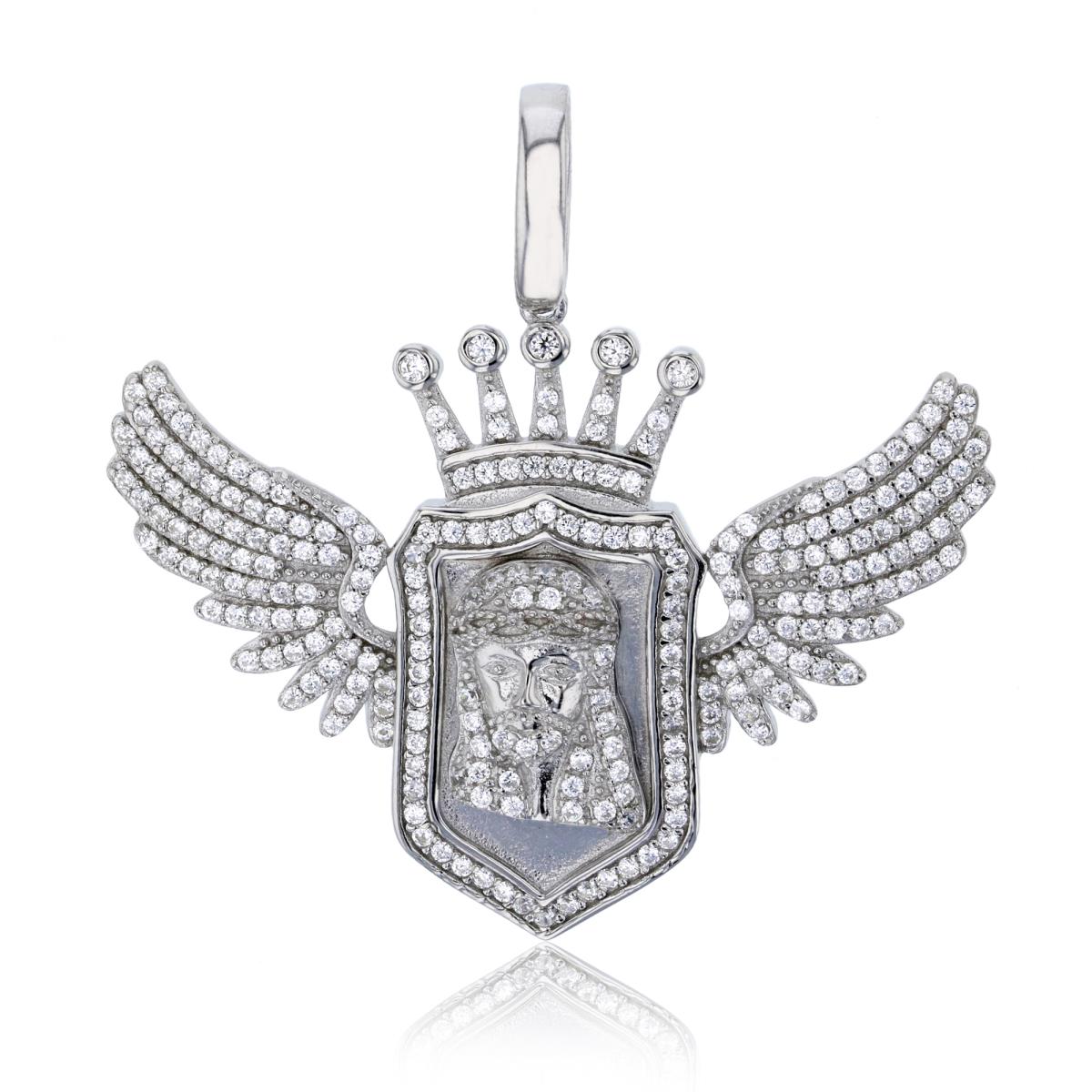 Sterling Silver RhodiumPave Jesus Head with Wings & Crown Pendant