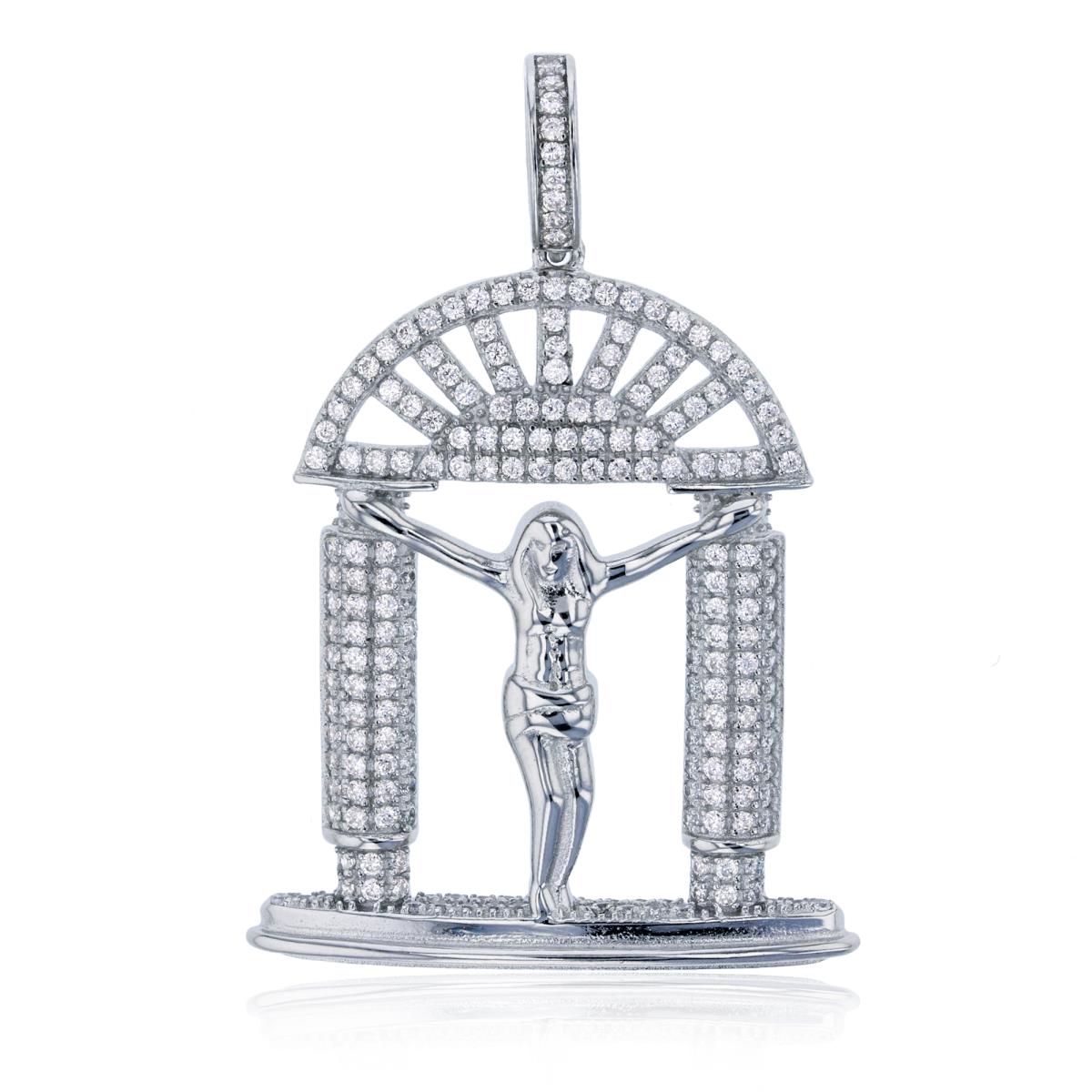 Sterling Silver Rhodium Micropave & Polished Crucifix Jesus Pendant