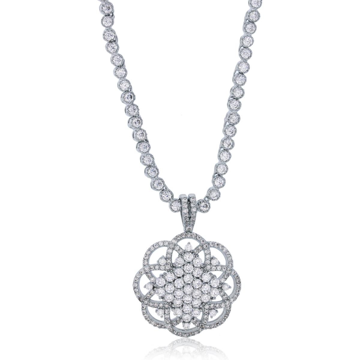 Sterling Silver Rhodium Dangling Micropave Flower 16" Bridal Necklace