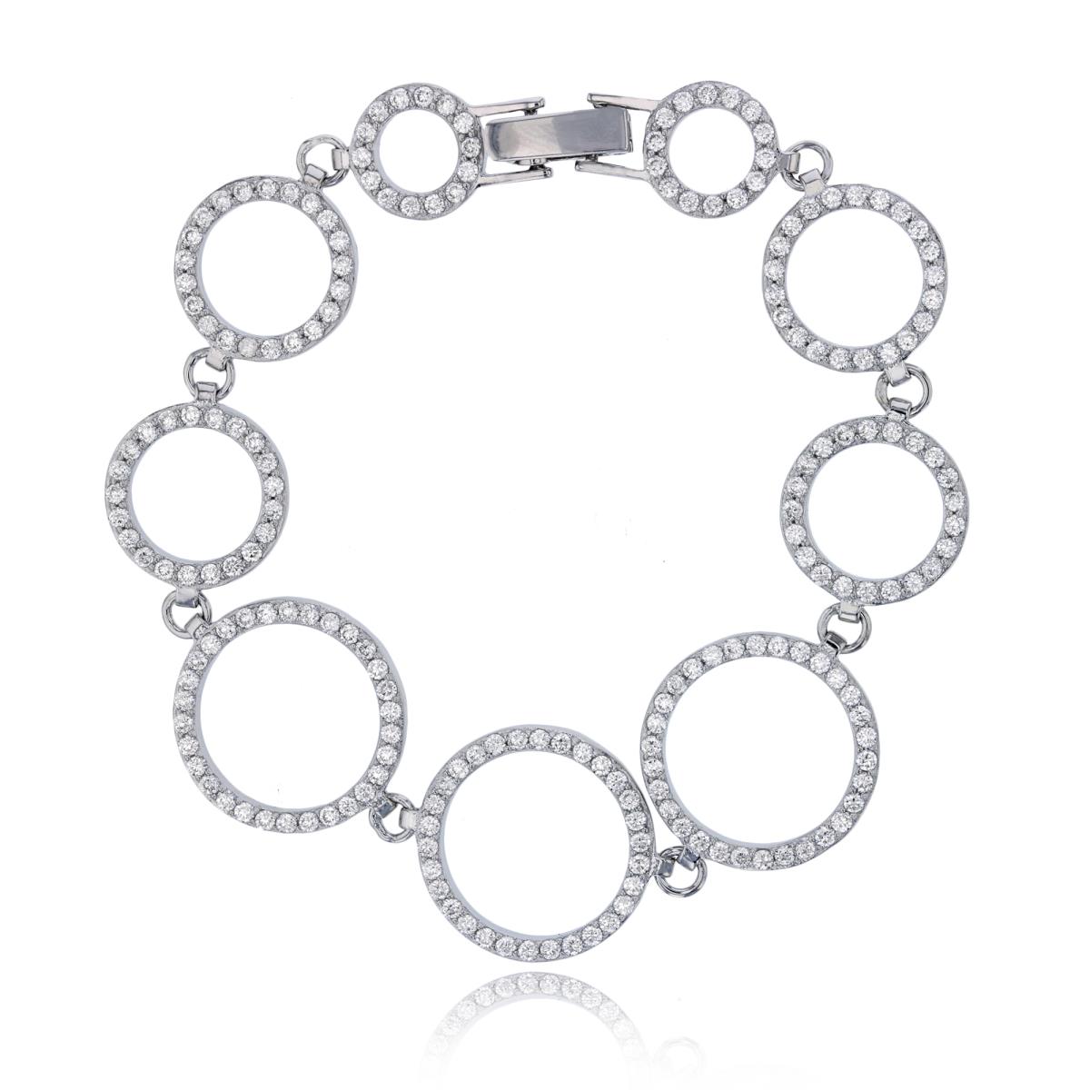 Sterling Silver Rhodium Micropave Graduated Open Circles 7" Bracelet
