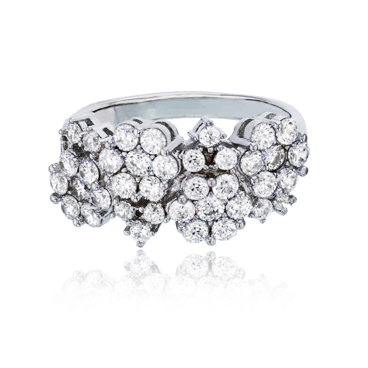 Sterling Silver Rhodium Pave Alternating Clover Flowers Fashion Ring